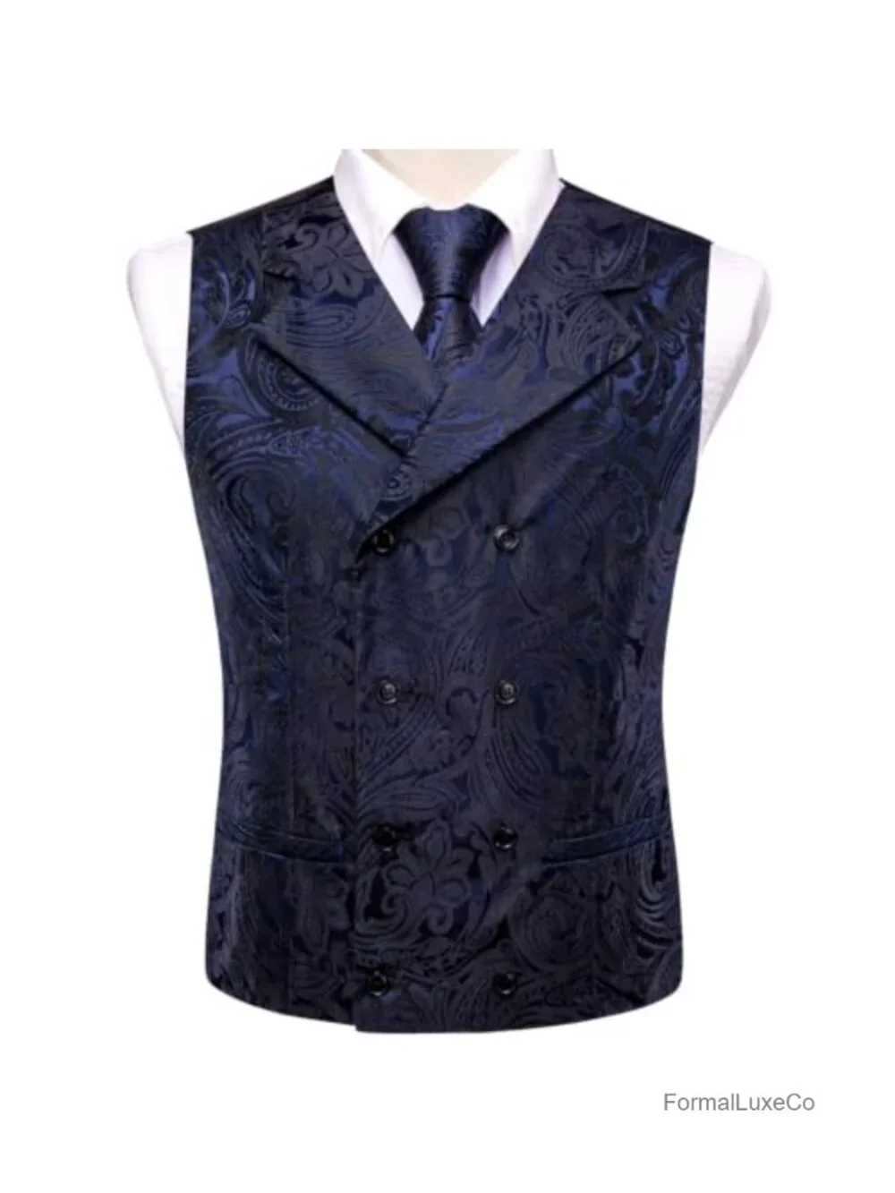 Men's Double Breasted Formal Vest Set with Tie, Pocket Square, Cufflinks for